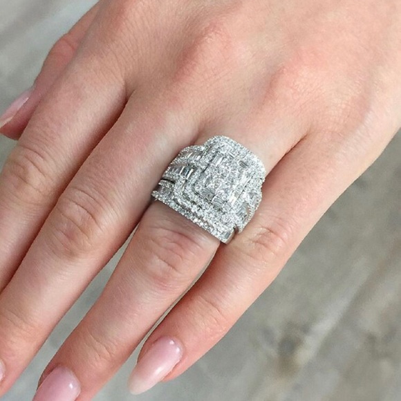 2pc Set Fashion Cubic Zirconia Statement Silver Rings - Picture 1 of 5